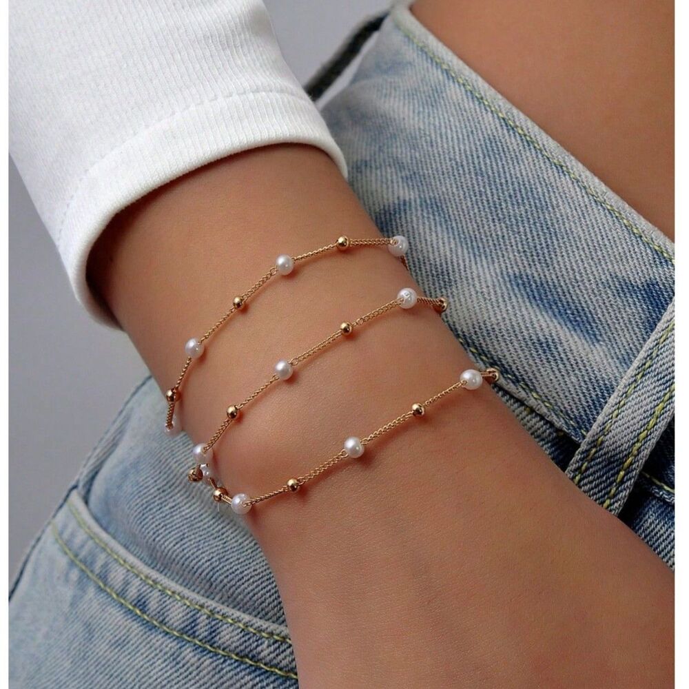 Triple Strand Pearl Station Beaded Bracelet Gold Chain Layer Gemstone Adjustable